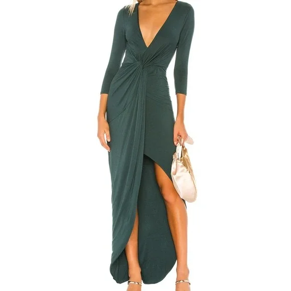 LOVERS+FRIENDS NWT Sexy Green Sexy Deep V Neck High Low Maxi Party Dress $178 M
